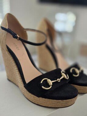 Gucci Horsebit Black Suede Espadrille Wedge Sandals - Size 7US